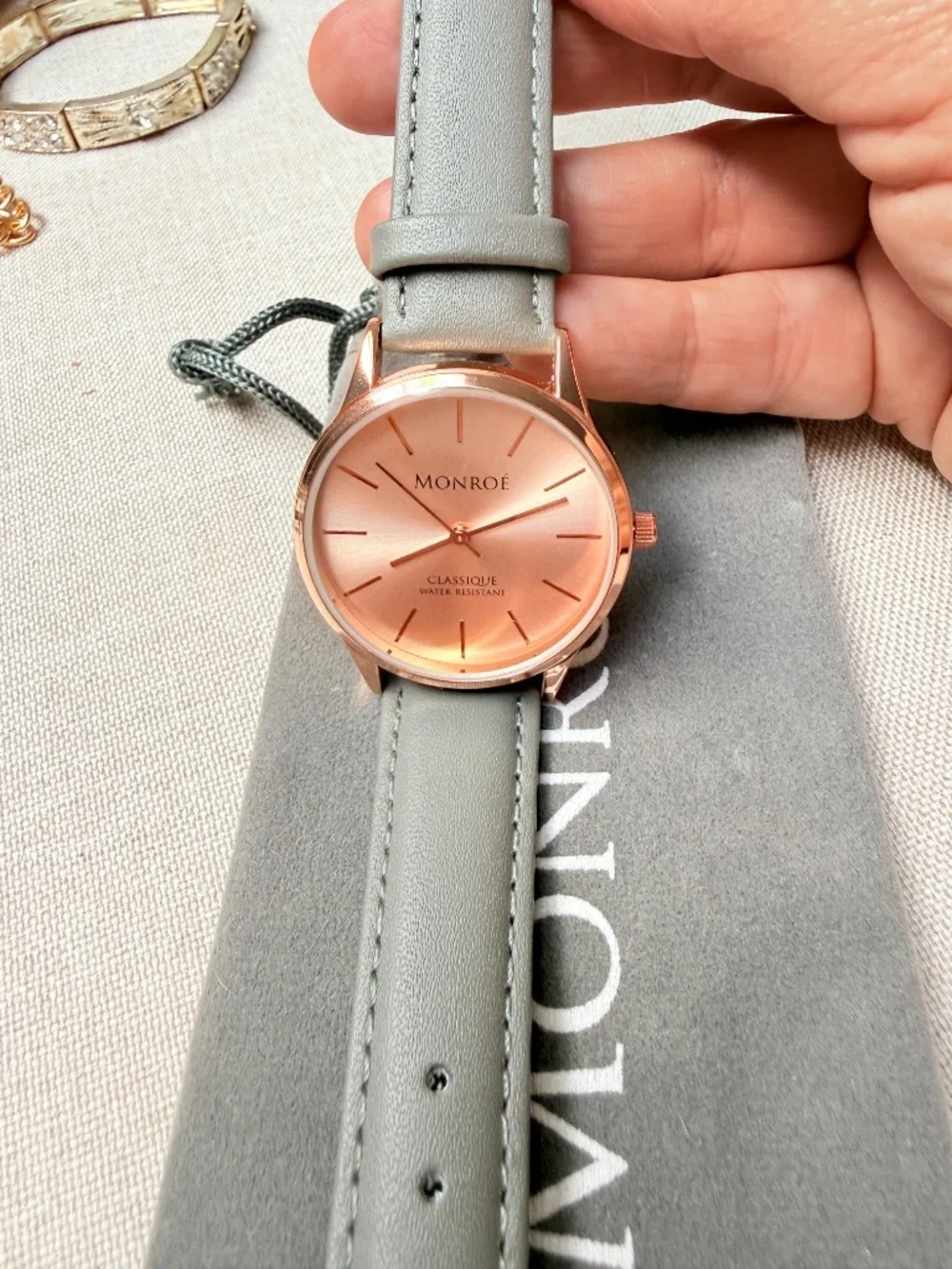 Ladies Monroe by Maestro Rose Gold Tone Gray Genuine Leather Watch New